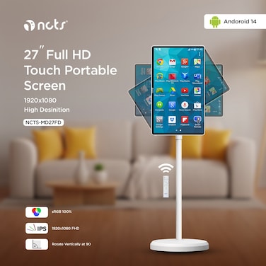 NCTS MD27FD TOUCH PORTABLE SMART DISPLAY MOVABLE MONITOR 27&Prime; LED Screen, Android 8GB RAM/128GB Memory, Rotate 90&deg;, Built-In Battery, Automatic Switch, 1920x1080 4K HD / 1 Year Warranty - GTIN: 6295151551325