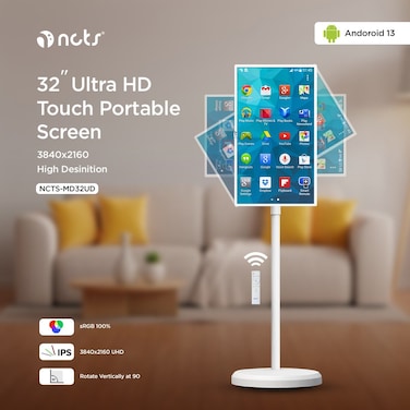 NCTS MD32UD ULTRA HD TOUCH PORTABLE SMART DISPLAY MOVABLE MONITOR-32&Prime; UHD LED Screen Android 8GB RAM/ 128GB SSR Rotate 90&deg; Built-In Battery Automatic Switch 3840x2160 Pixels 4K HD