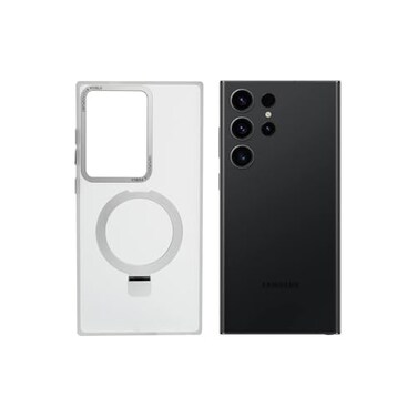 جراب AZTECH فائق اللمعان لهاتف Galaxy S23 Ultra مزود بحلقة حامل مغناطيسية آمنة، مضاد للصدمات، لون أبيض   AZTSMW-S23ULTRA