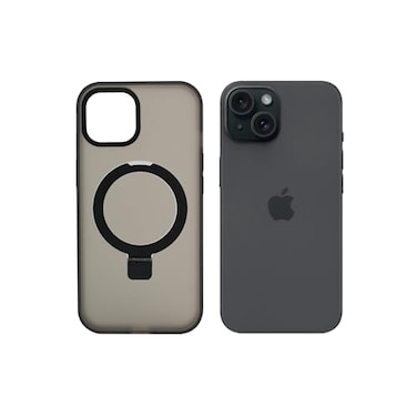 AZTECH Super Matte Case for iPhone 15 with Magnetic safe Compatible Kickstand Ring, Anti-Shock, Black   AZTSMBLK-IP15