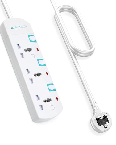 AZTECH 3 Way 3M 3250W Power Extension Cord 3 Universal Outlets Electrical Strip Cable UK Plug Individual Switches &amp; LED Indicators ECAS Certified Power Strip Surge Protector Electronics Power Strips