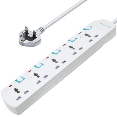 AZTECH 5-Way 3M 3250W Power Extension Cord 5 Universal Outlets Electrical Strip Cable UK Plug Individual Switches & LED Indicators ECAS Certified Power Strip Surge Protector Electronics Power Strips