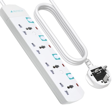 AZTECH 4 Way 5M 3250W Power Extension Cord 4 Universal Outlets Electrical Strip Cable UK Plug Individual Switches & LED Indicators ECAS Certified Power Strip Surge Protector Electronics Power Strips