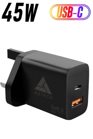AZTECH HyperCharger 45W GaN II Dual Port Wall Charger USB-C &amp; USB-A Fast Charging Adapter for iPhone 16 Pro Max/15/14/13, Galaxy S25 Ultra/S24/S23/S22, MacBook Air, iPad, Laptops