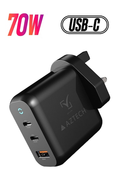 AZTECH HyperCharger GaN 70W Fast Wall Charger, 2 USB Type-C and 1 USB-A Ports, Black   AZTG1HC-70W