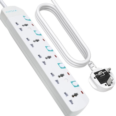 AZTECH 5-Way 5M 3250W Power Extension Cord 5 Universal Outlets Electrical Strip Cable UK Plug Individual Switches &amp; LED Indicators ECAS Certified Power Strip Surge Protector Electronics Power Strips