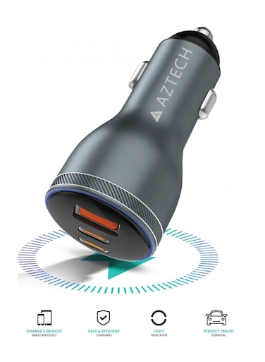 AZTECH GaN Car Charger, Hypercharger 95W Adapter with 3 Ports, 2 USB TYPE-C & 1 USB-A Ports - Fast Charging for Smartphones, Tablets, Laptops, and More