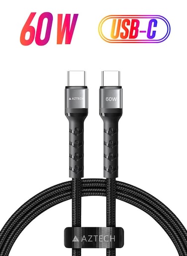 AZTECH HyperCable USB-C to USB-C Cable 60W Fast Charging Durable Braided Wire 1 Meter for Smartphones Tablets Laptops Type C Devices Quick Charge Long Life Anti Tangle Strong Build Black
