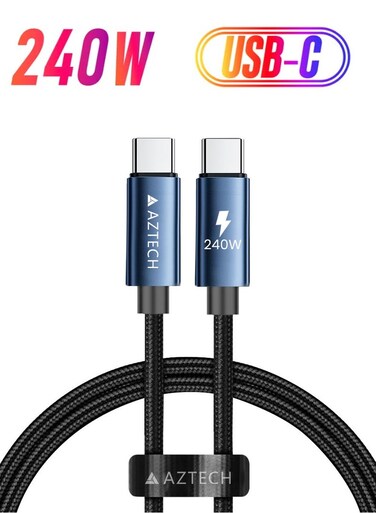 AZTECH HyperCable USB C to USB C Cable 240W 1M Fast Charging 48V/5A PD E-Marker Braided Type C Cable for Laptop MacBook Galaxy S24 Steam Deck Gaming Devices Durable Anti-Tangle Wire Black Blue