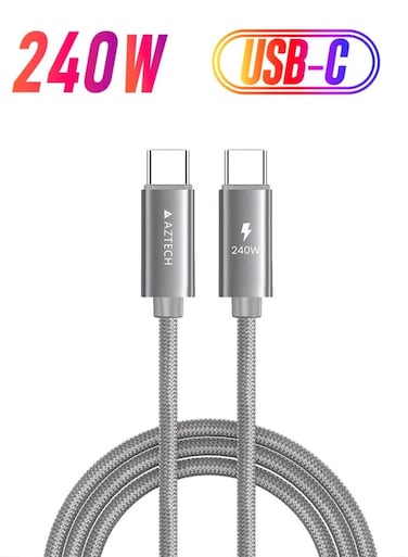 AZTECH HyperCable USB C to USB C 240W Fast Charging Cable 2M PD 48V 5A Type-C Braided Titanium Wire for MacBook Pro Galaxy S24 Steam Deck iPhone 15 Pro Max Laptop Durable Anti-Tangle Long Charging