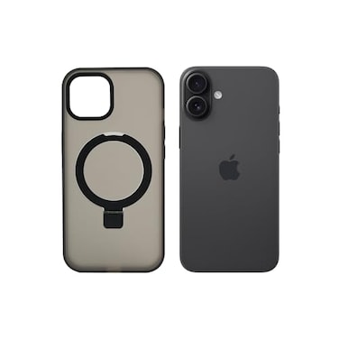 جراب AZTECH Super Matte لهاتف iPhone 16 Plus مزود بحلقة حامل مغناطيسية آمنة، مضاد للصدمات، أسود   AZTSMBLK-IP16PLUS