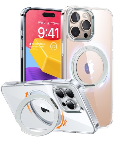 AZTECH SuperSnap 360&deg;Rotatable Silver Ring Magnetic Ring for iPhone 15 Pro Case, Fit for MagSafe with Kick Stand &amp; Ring Holder 16FT Military Grade Shockproof Translucent Back for iPhone 15 Pro