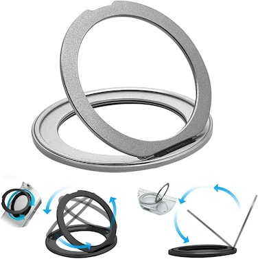AZTECH GripStand 360 &ndash; Silver Magnetic Smartphone Ring &amp; Stand. MagSafe Compatible with ZERO SAFE Circle for drop prevention and secure grip, doubles as a stable viewing stand.