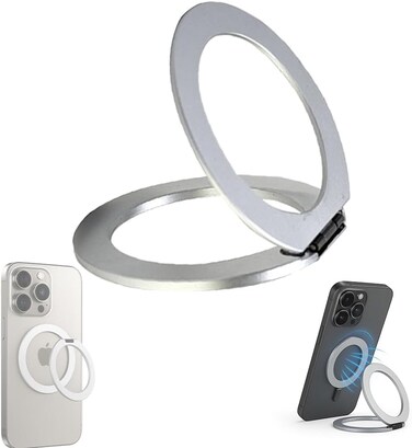 حلقة AZTECH MagSafe – مسكة مغناطيسية وهاتفية مع حامل ثنائي الاتجاه. قاعدة معدنية ثابتة ومضادة للاهتزاز، تثبت مباشرة على iPhone 16/15/14/13 وجميع الهواتف المتوافقة مع MagSafe.