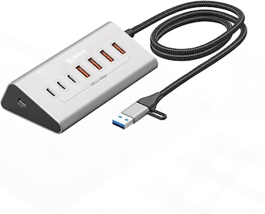 1st Wave DeskHub 7-In-1 USB-C Hub - 10Gbps USB 3.2 Gen 2, Aluminum, USB-A Cap, 1m Braided Cable, Hot-Swap, Plug &amp; Play, Over-Voltage &amp; Over-Current Protection, For Laptop, PC, MacBook, Lunar Silver