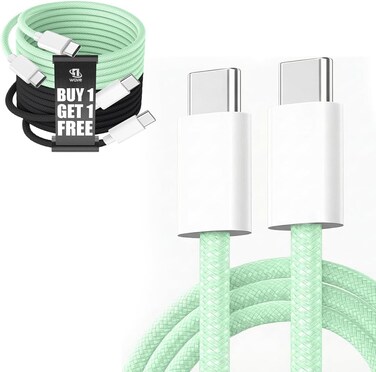 First Wave SurgeLink 60 USB-C to USB-C Cable 1M &ndash; 60W Fast Charging &amp; High-Speed Data Transfer, Durable Braided Type-C, 2-Pack (Green + Black) &ndash; Compatible with Smartphones, Tablets &amp; Laptops