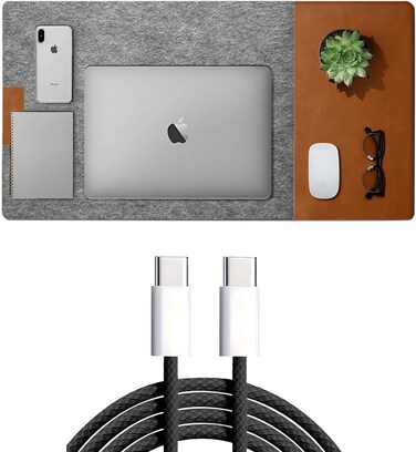 First Wave Signature Desk Mat 100&times;35cm &ndash; Premium Felt &amp; Leather Surface, Anti-Slip &amp; Water-Resistant, Ideal for Gaming, Office &amp; Home, Includes USB Accessory &ndash; Grey &amp; Tan + USB Cable