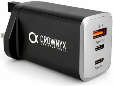 CROWNYX 65W GaN Fast Charger with 2 USB-C PD &amp; 1 USB-A QC 3.0 Port, 3-Port Wall Charger Adapter, UK 3-Pin Plug, PPS/PD Fast Charging for MacBook, iPhone 16/15/14, Samsung, iPad, Pixel, Laptops