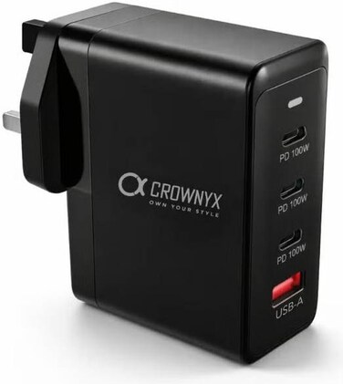 CROWNYX 100W GaN Fast Charger with 3 USB-C PD &amp; 1 USB-A Ports, 4-Port Multi Device Wall Charger, Foldable UK Plug, PPS/PD 3.0/QC Fast Charging Adapter for MacBook, iPhone 16/15, iPad, Samsung, Laptops