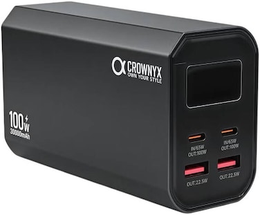 CROWNYX 30000mAh 100W Fast Charging Power Bank with Digital Display, Built-in LED Torch, 2 USB-C PD + 2 USB-A QC Outputs, Portable Laptop Power Bank for MacBook, iPhone, Samsung &amp; Tablets