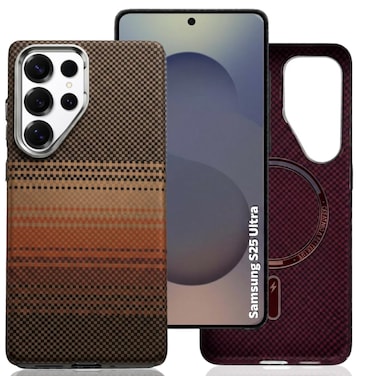 CROWNYX Magnetic Case for Samsung Galaxy S25 Ultra, Compatible With Wireless Charging, Ultra Slim Drop Resistant Cover, Anti-Slip, Carbon Fiber, Brown