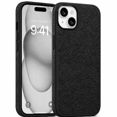 CROWNYX Premium Leather Case for iPhone 15 Magnetic Shockproof Cover, Anti-Scratch, Slim Protective Back with Raised Camera Protection (Black)