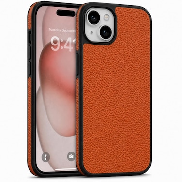 CROWNYX Premium Leather Case for iPhone 15 Magnetic Shockproof Cover, Anti-Scratch, Slim Protective Back with Raised Camera Protection (Orange)