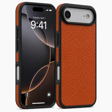 CROWNYX Premium Leather Case for iPhone 17 Air Magnetic Shockproof Cover, Anti-Scratch, Slim Protective Back with Raised Camera Protection (Orange)