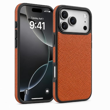 CROWNYX Premium Leather Case for iPhone 17 Pro Magnetic Shockproof Cover, Anti-Scratch, Slim Protective Back with Raised Camera Protection (Orange)