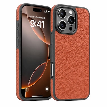 CROWNYX Premium Leather Case for iPhone 15 Pro Max Magnetic Shockproof Cover, Anti-Scratch, Slim Protective Back with Raised Camera Protection (Orange)
