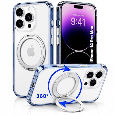 CROWNYX Clear Case for iPhone 14 Pro Max Cover with 360&deg; Spin Ring Stand, Compatible with Wireless Charging, Military-Grade Protection, Anti-Yellowing Transparent, Scratch-Resistant, Ultra Slim Case