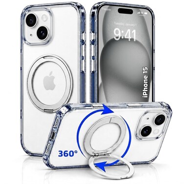 CROWNYX Clear Case for iPhone 15 Cover with 360&deg; Spin Ring Stand, Compatible with Wireless Charging, Military-Grade Protection, Anti-Yellowing Transparent, Scratch-Resistant, Ultra Slim Case