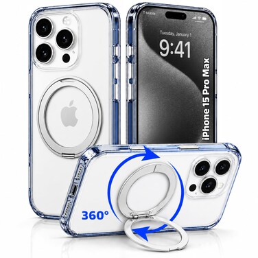 CROWNYX Clear Case for iPhone 15 Pro Max Cover with 360&deg; Spin Ring Stand, Compatible with Wireless Charging, Military-Grade Protection, Anti-Yellowing Transparent, Scratch-Resistant, Ultra Slim Case