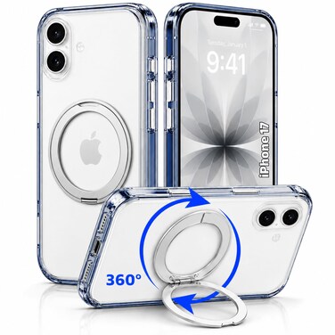 CROWNYX Clear Case for iPhone 17 Cover with 360&deg; Spin Ring Stand, Compatible with Wireless Charging, Military-Grade Protection, Anti-Yellowing Transparent, Scratch-Resistant, Ultra Slim Case