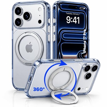 CROWNYX Clear Case for iPhone 17 Pro Cover with 360&deg; Spin Ring Stand, Compatible with Wireless Charging, Military-Grade Protection, Anti-Yellowing Transparent, Scratch-Resistant, Ultra Slim Case
