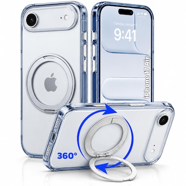 CROWNYX Clear Case for iPhone 17 Air Cover with 360&deg; Spin Ring Stand, Compatible with Wireless Charging, Military-Grade Protection, Anti-Yellowing Transparent, Scratch-Resistant, Ultra Slim Case