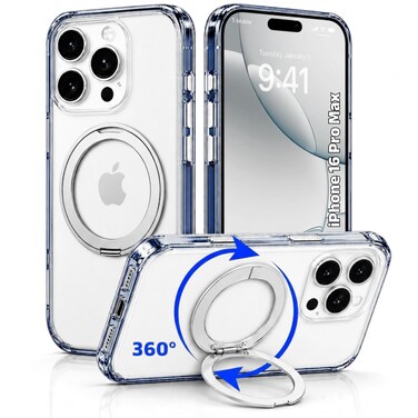 CROWNYX Clear Case for iPhone 16 Pro Max Cover with 360&deg; Spin Ring Stand, Compatible with Wireless Charging, Military-Grade Protection, Anti-Yellowing Transparent, Scratch-Resistant, Ultra Slim Case