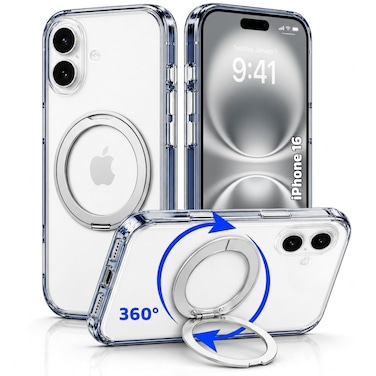 CROWNYX Clear Case for iPhone 16 Cover with 360&deg; Spin Ring Stand, Compatible with Wireless Charging, Military-Grade Protection, Anti-Yellowing Transparent, Scratch-Resistant, Ultra Slim Case