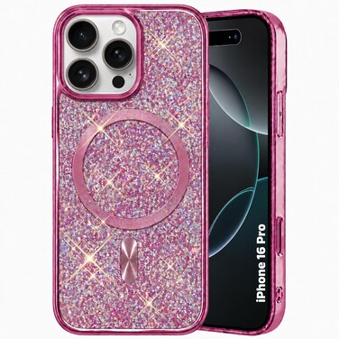 CROWNYX Luxury Glitter Case Compatible with iPhone 16 Pro, Magnetic Sparkle Rhinestone Diamond Protective Phone Cover with Camera Protection, Slim Shockproof Bling Case for Women and Girls