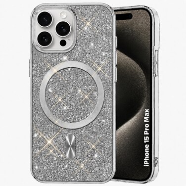 CROWNYX Luxury Glitter Case Compatible with iPhone 15 Pro Max, Magnetic Sparkle Rhinestone Diamond Protective Phone Cover with Camera Protection, Slim Shockproof Bling Case for Women and Girls