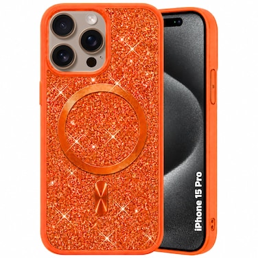 CROWNYX Luxury Glitter Case Compatible with iPhone 15 Pro, Magnetic Sparkle Rhinestone Diamond Protective Phone Cover with Camera Protection, Slim Shockproof Bling Case for Women and Girls