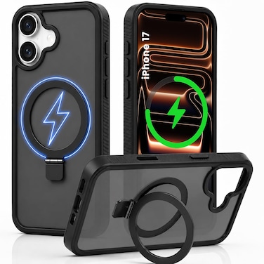 CROWNYX Magnetic Stand Case for iPhone 17, Shockproof Slim Hybrid TPU Cover with Grip &amp; Ring, Matte   Aegis GripStand Pro Case