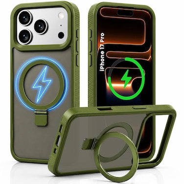 CROWNYX Magnetic Stand Case for iPhone 17 Pro, Shockproof Slim Hybrid TPU Cover with Grip &amp; Ring, Matte   Aegis GripStand Pro Case