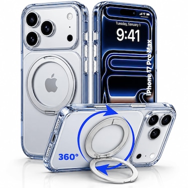 CROWNYX Clear Case for iPhone 17 Pro Max Cover with 360&deg; Spin Ring Stand, Compatible with Wireless Charging, Military-Grade Protection, Anti-Yellowing Transparent, Scratch-Resistant, Ultra Slim Case