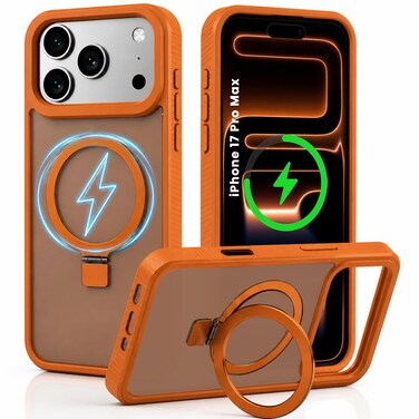 CROWNYX Magnetic Stand Case for iPhone 17 Pro Max, Shockproof Slim Hybrid TPU Cover with Grip &amp; Ring, Matte   Aegis GripStand Pro - Orange