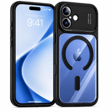 CROWNYX Magnetic Clear Convertible Case for iPhone 16 Plus  Matte TPU Bumper with Frosted Transparent PC Back   Camera Lens Protection   Shockproof Slim Cover   Wireless Charging Compatible (Black)