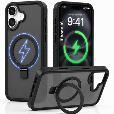 CROWNYX Magnetic Stand Case for iPhone 16, Shockproof Slim Hybrid TPU Cover with Grip &amp; Ring, Matte   Aegis GripStand Pro Case
