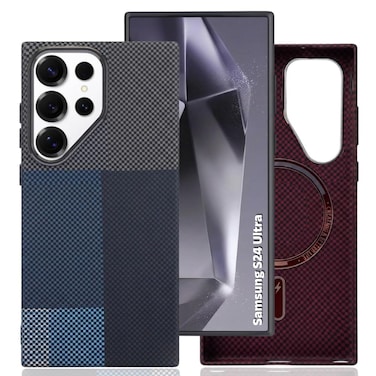 CROWNYX Magnetic Case for Samsung Galaxy S24 Ultra, Compatible With Wireless Charging, Ultra Slim Drop Resistant Cover, Anti-Slip, Carbon Fiber, Blue