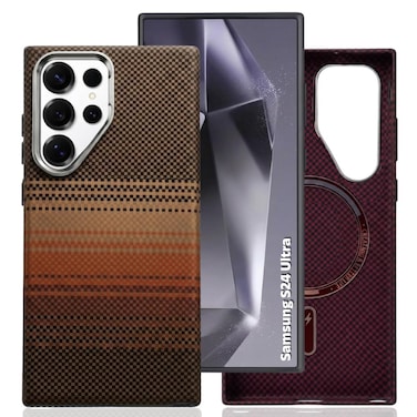 CROWNYX Magnetic Case for Samsung Galaxy S24 Ultra, Compatible With Wireless Charging, Ultra Slim Drop Resistant Cover, Anti-Slip, Carbon Fiber, Brown