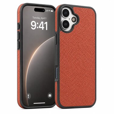CROWNYX Premium Leather Case for iPhone 16 Plus Magnetic Shockproof Cover, Anti-Scratch, Slim Protective Back with Raised Camera Protection (Orange)